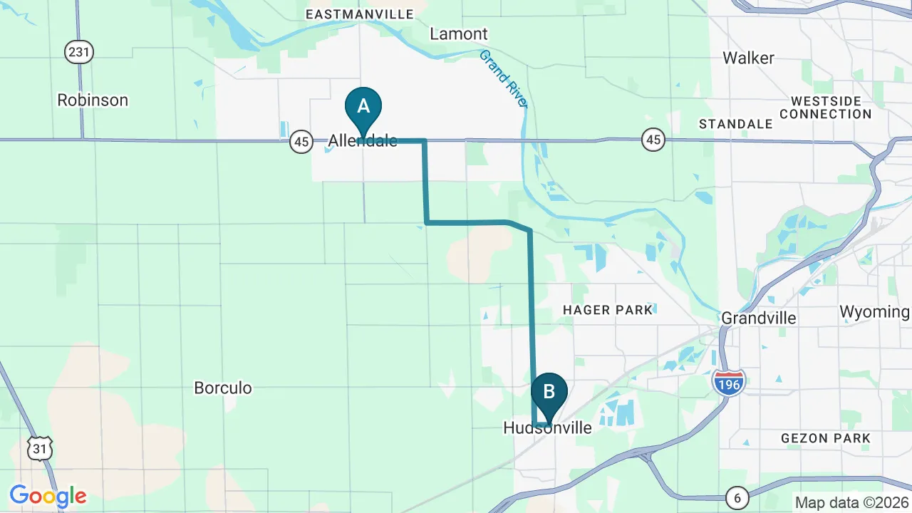 Driving directions map from Allendale, MI to Mulberry Chiropractic in Houston