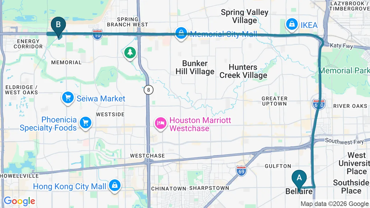 Driving directions map from Bellaire, TX to Mulberry Chiropractic in Houston