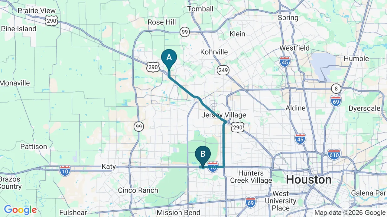 Driving directions map from Cypress, TX to Mulberry Chiropractic in Houston