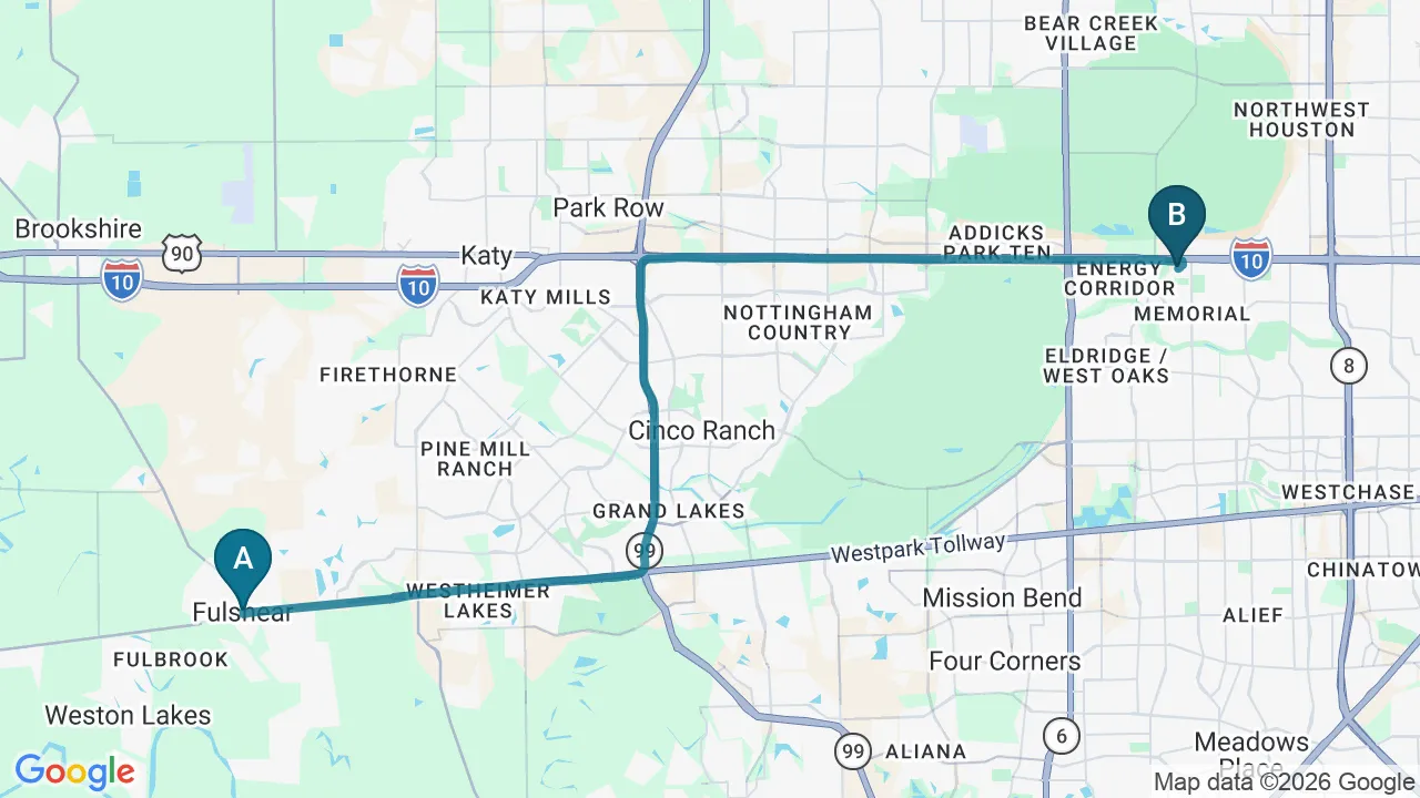 Driving directions map from Fulshear, TX to Mulberry Chiropractic in Houston