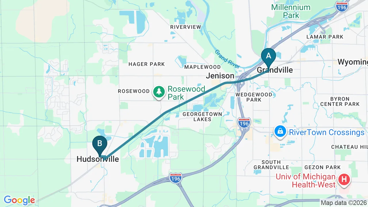 Driving directions map from Grandville, MI to Mulberry Chiropractic in Houston