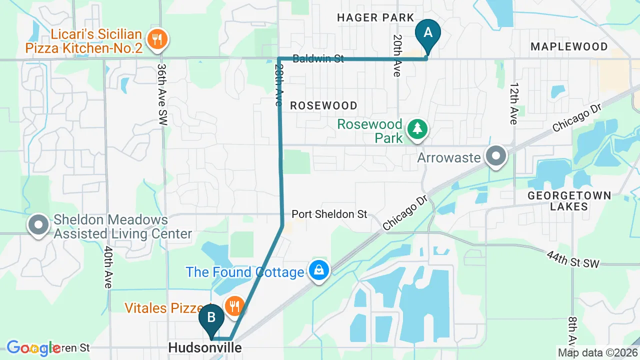 Driving directions map from Jenison, MI to Mulberry Chiropractic in Houston