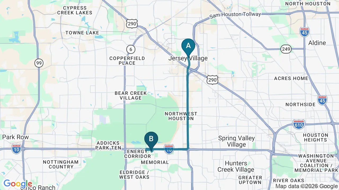 Driving directions map from Jersey Village, TX to Mulberry Chiropractic in Houston