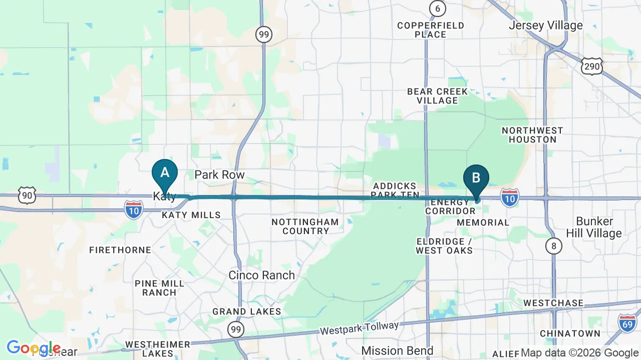 Driving directions map from Katy, TX to Mulberry Chiropractic in Houston
