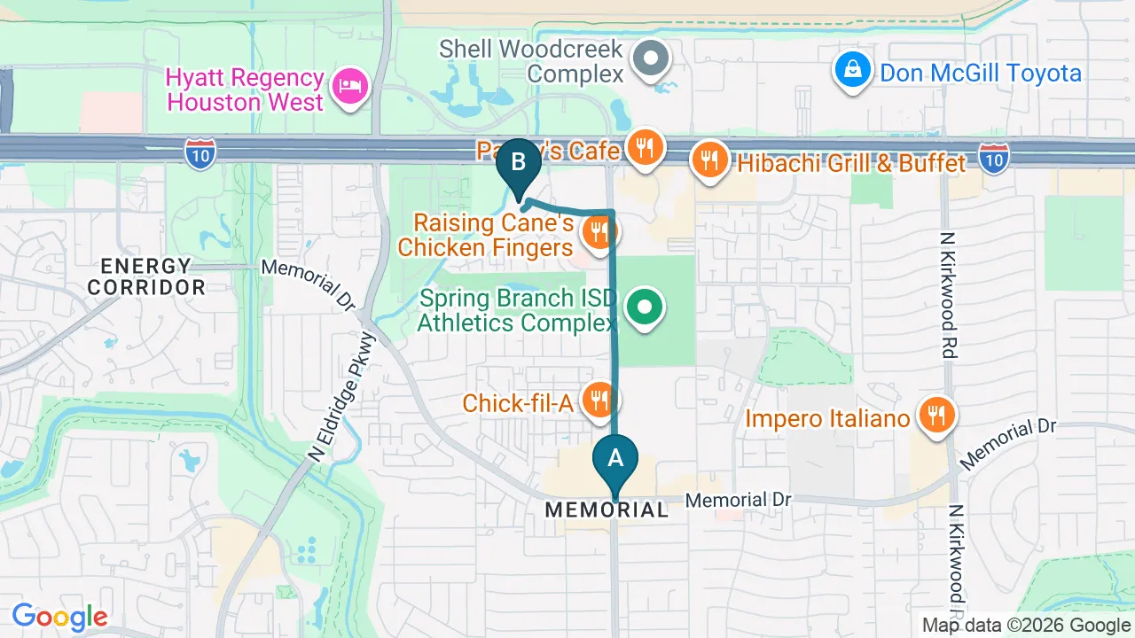Driving directions map from Memorial, TX to Mulberry Chiropractic in Houston
