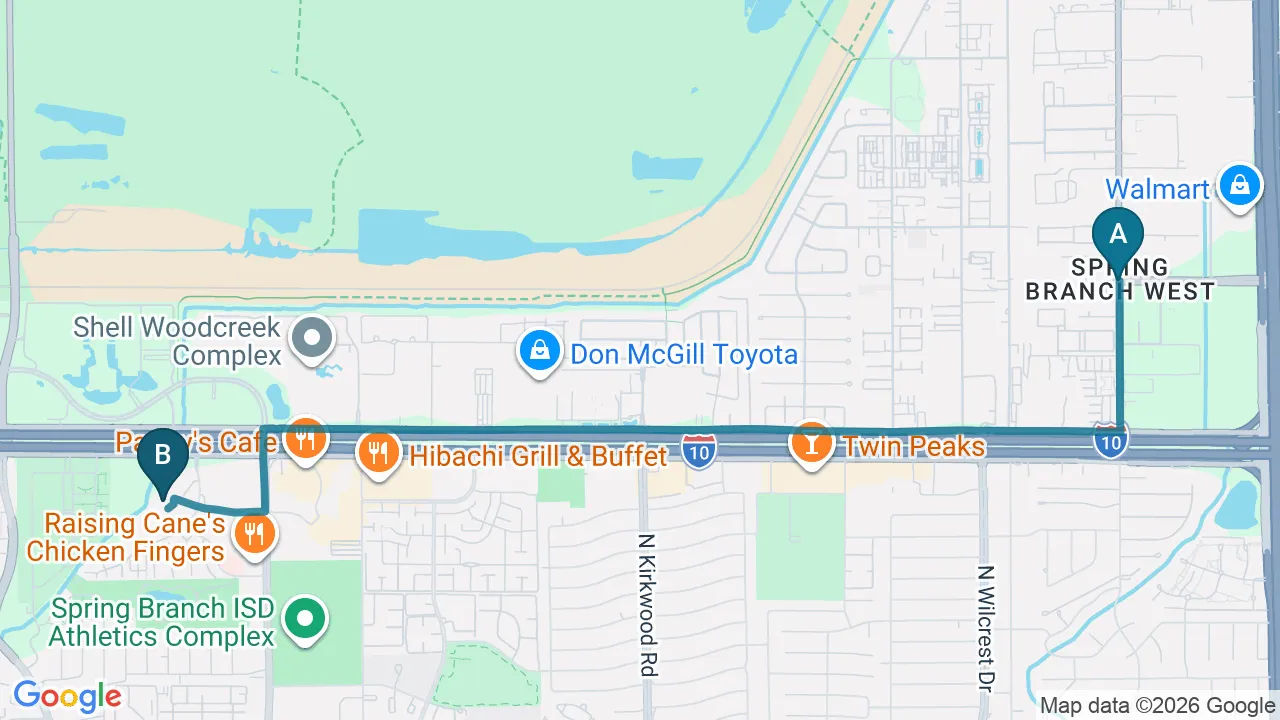 Driving directions map from Spring Branch, TX to Mulberry Chiropractic in Houston