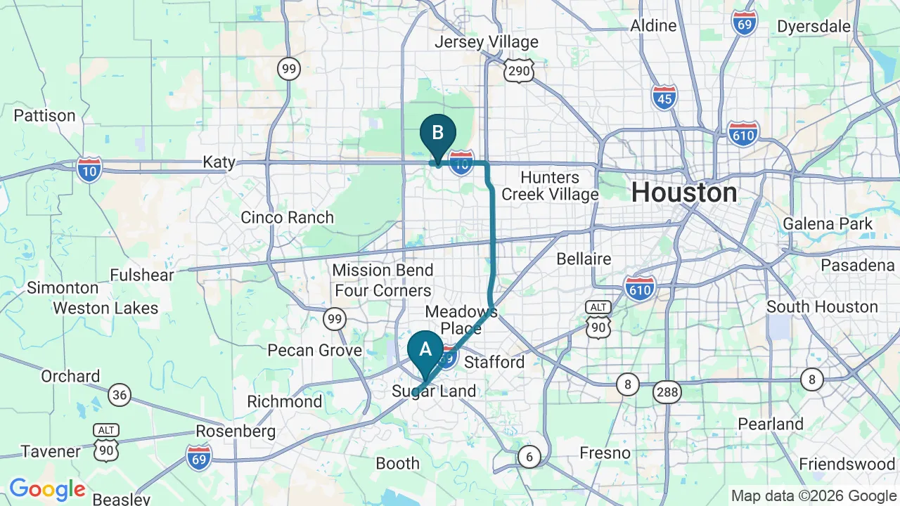 Driving directions map from Sugar Land, TX to Mulberry Chiropractic in Houston