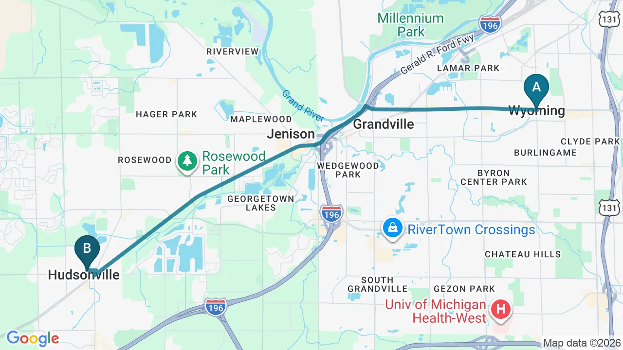 Driving directions map from Wyoming, MI to Mulberry Chiropractic in Houston