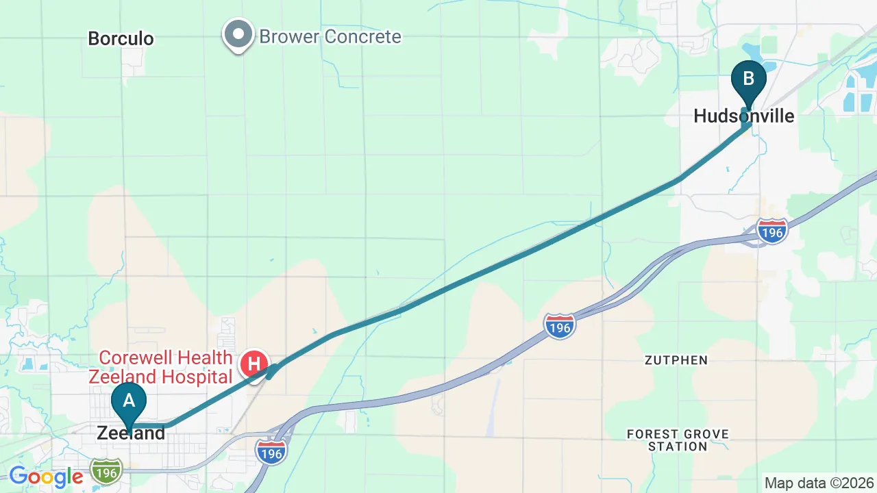 Driving directions map from Zeeland, MI to Mulberry Chiropractic in Houston